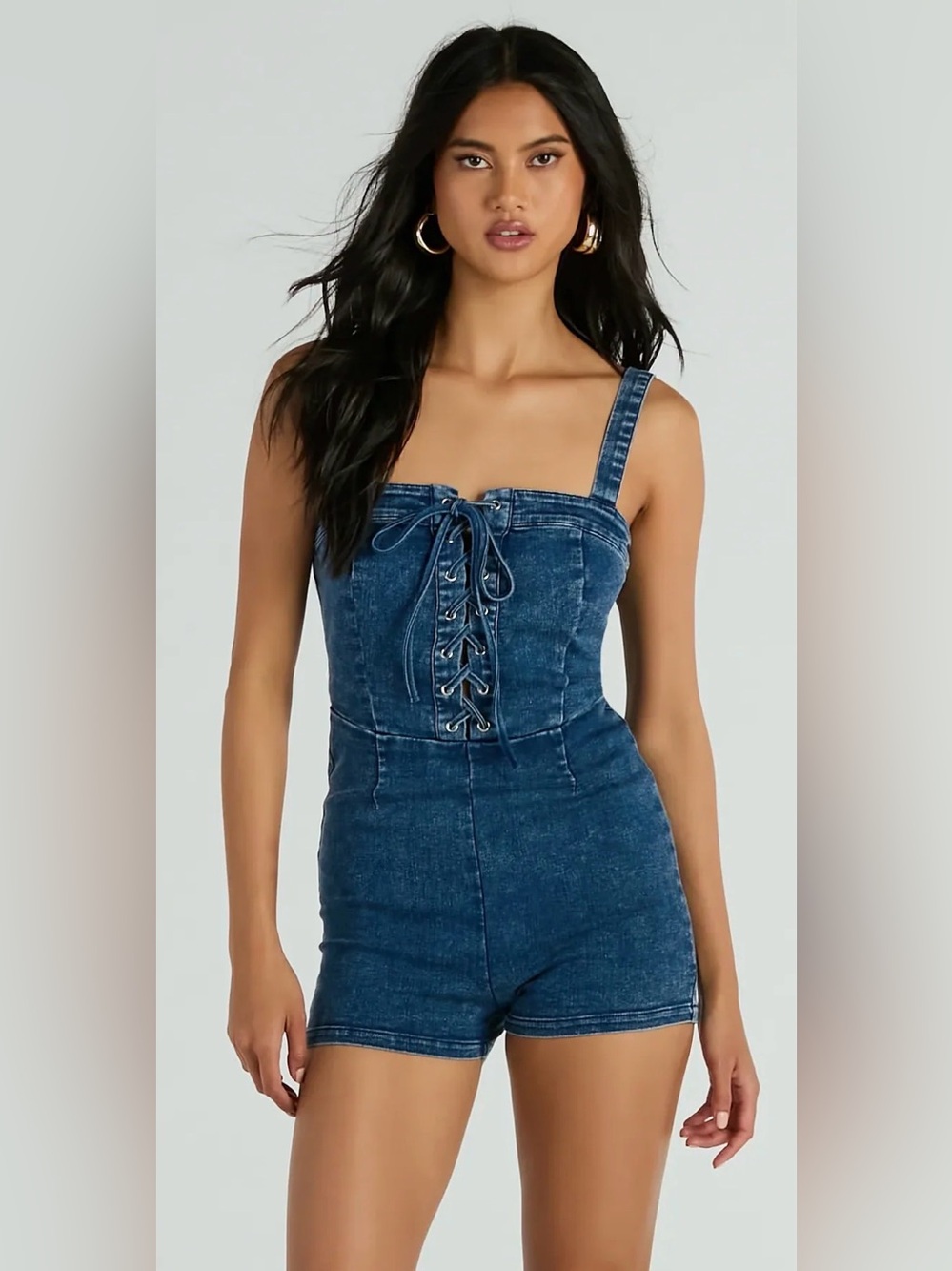 Windsor Lace-Up Denim Romper in Dark Blue